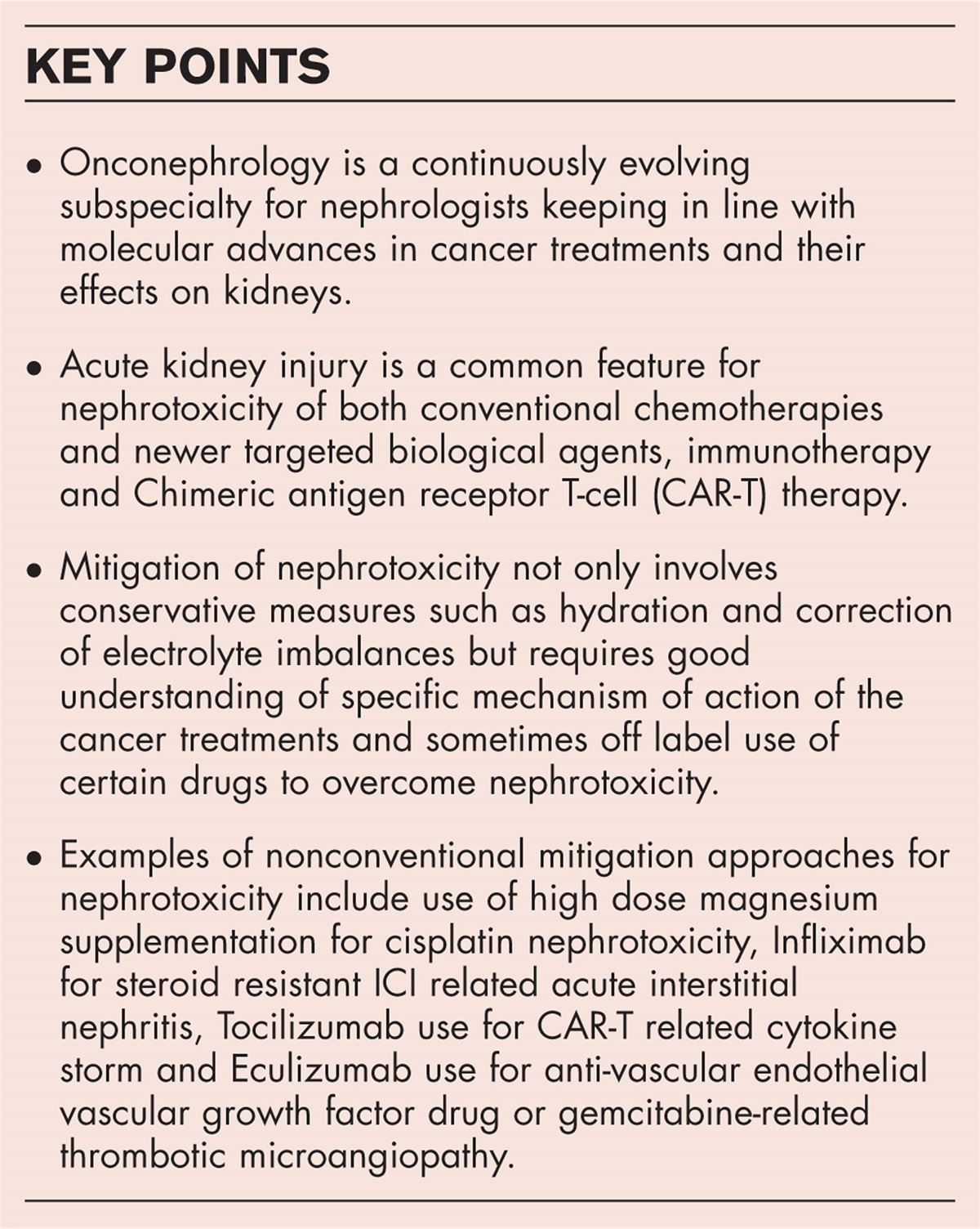 Onconephrology: mitigation of renal injury in chemotherapy administration