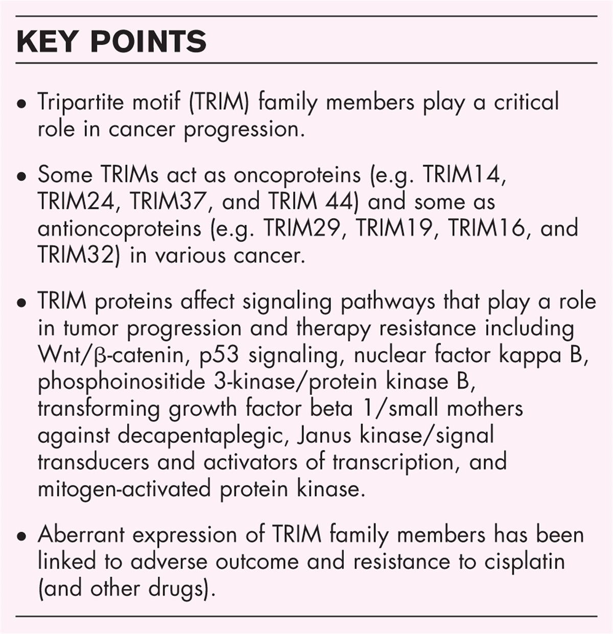 Tripartite motif family – its role in tumor progression and therapy resistance: a review
