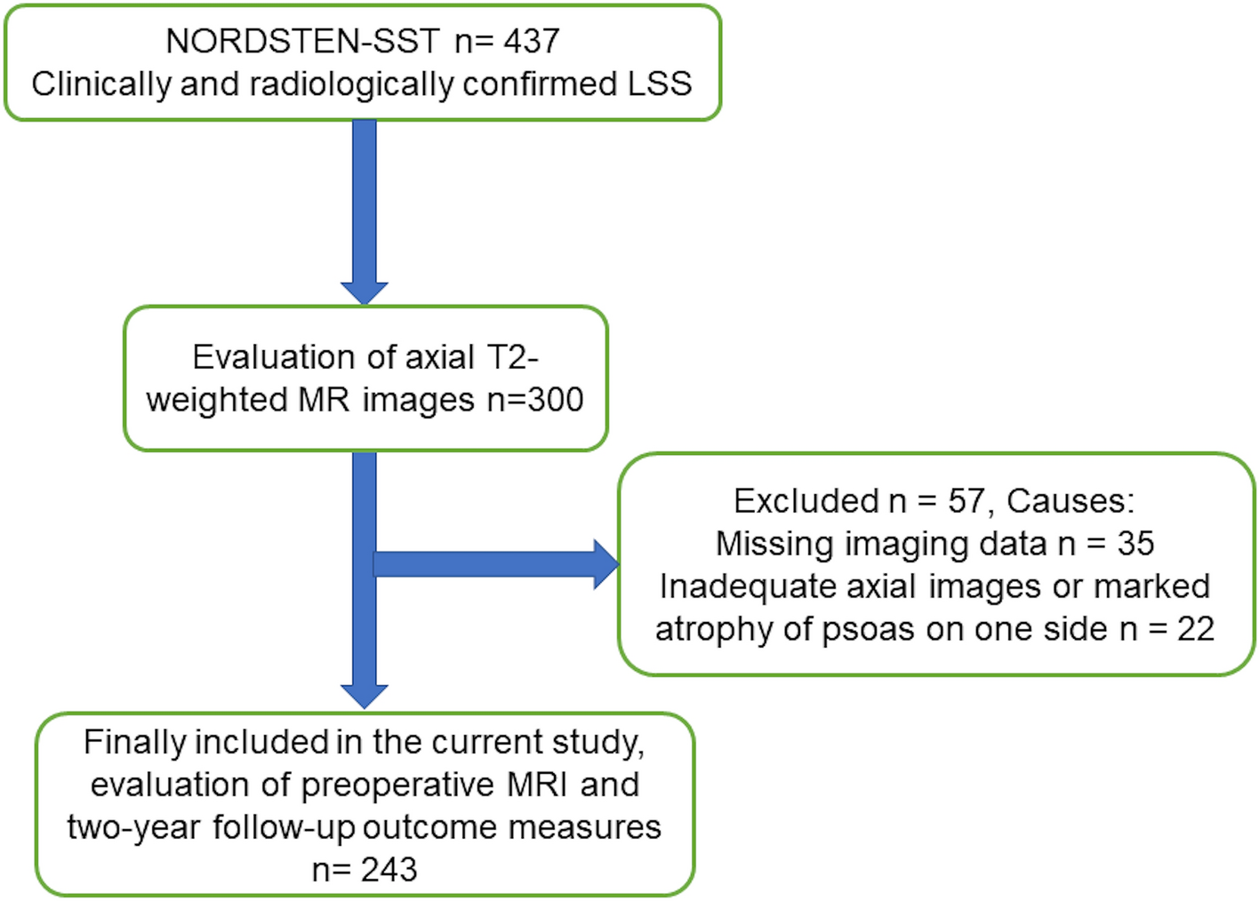 Preoperative fatty infiltration of paraspinal muscles assessed by MRI is associated with less improvement of leg pain 2 years after surgery for lumbar spinal stenosis