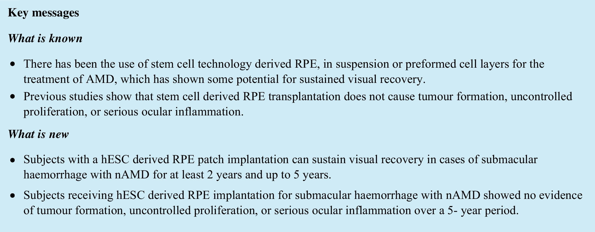 Safety, structure and function five years after hESC-RPE patch transplantation in acute neovascular AMD with submacular haemorrhage