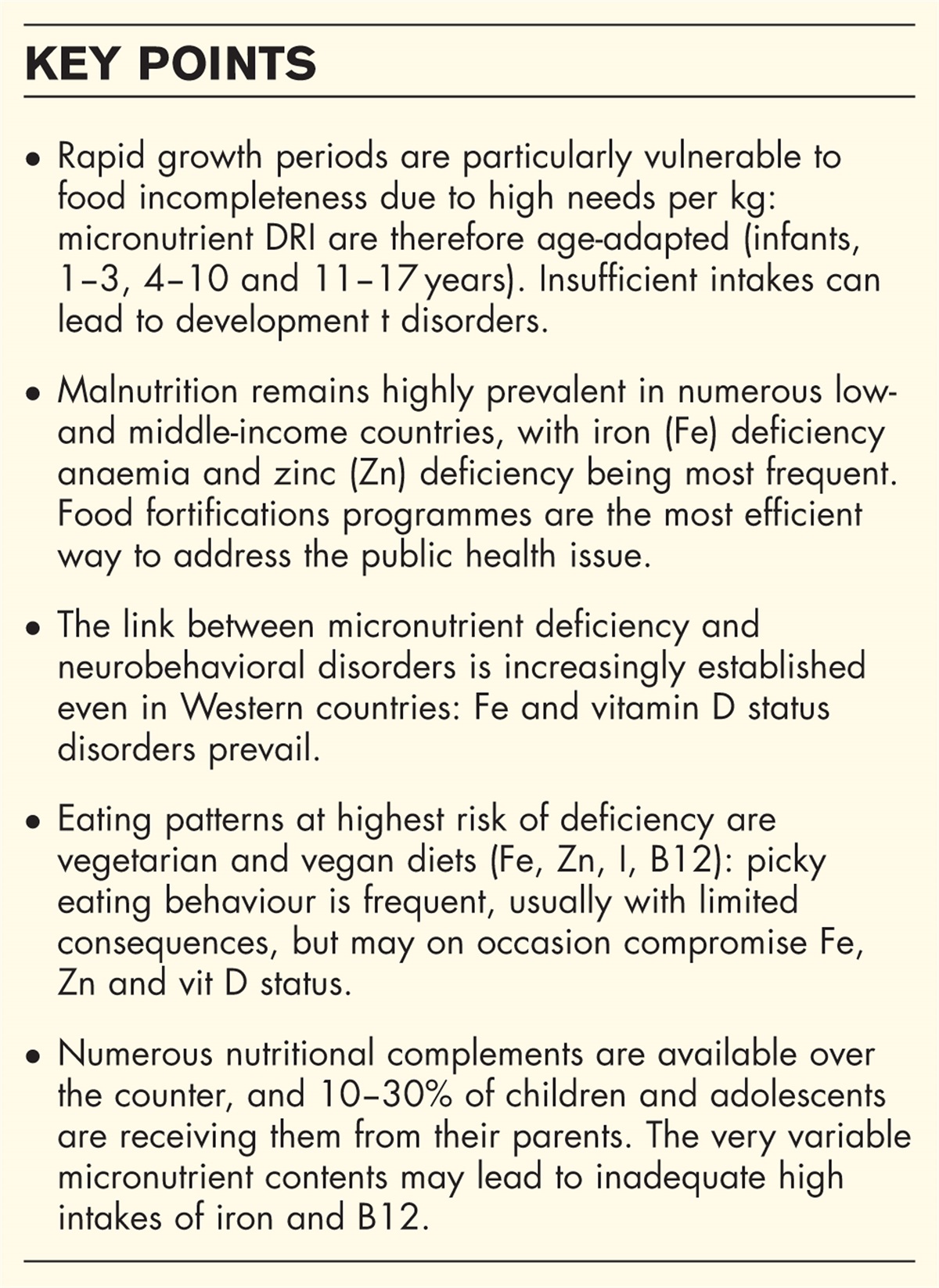Micronutrient deficiency and supplements in schoolchildren and teenagers