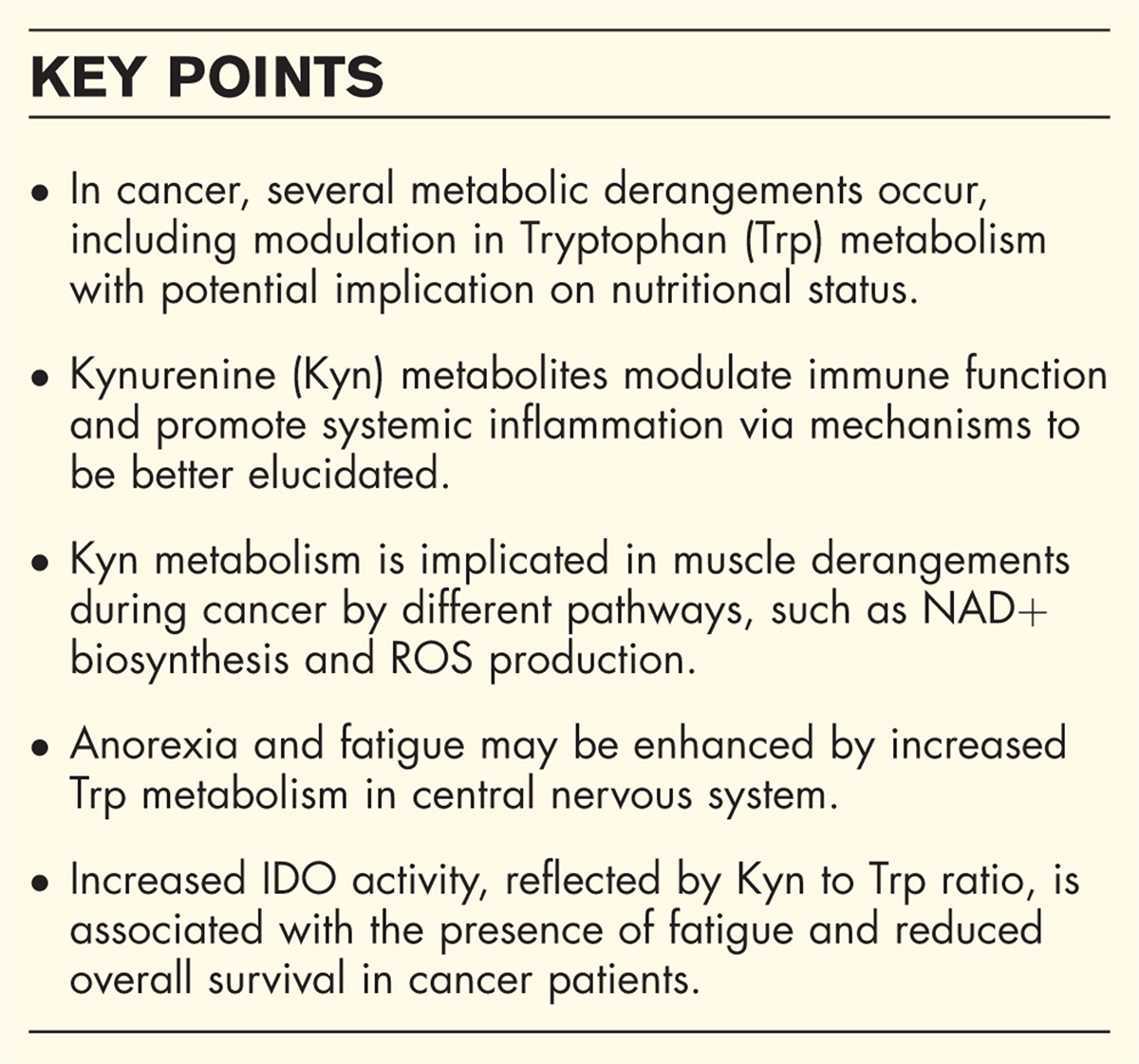 Tryptophan metabolism and kynurenine metabolites in cancer: systemic nutritional and metabolic implications