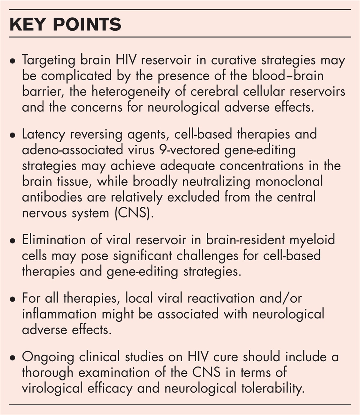 Strategies to target the central nervous system HIV reservoir
