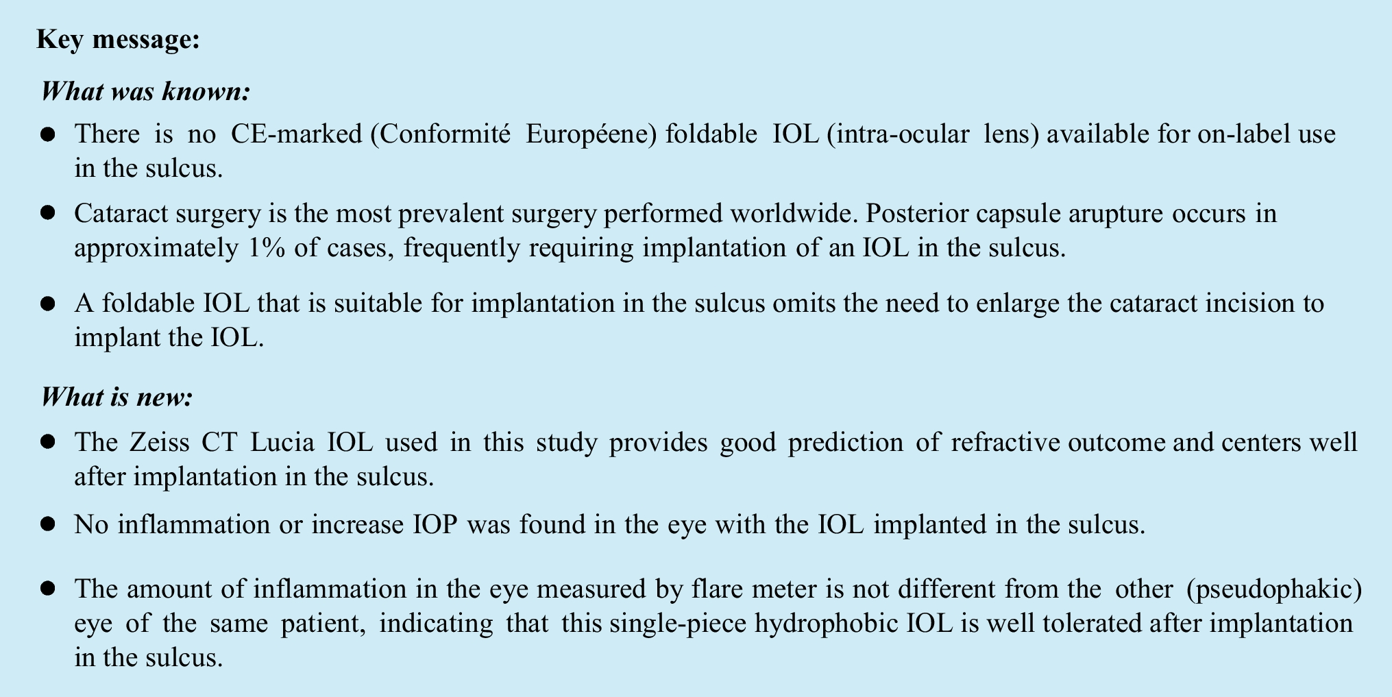 Efficacy and safety of the implantation of a single-piece angulated foldable IOL in the sulcus
