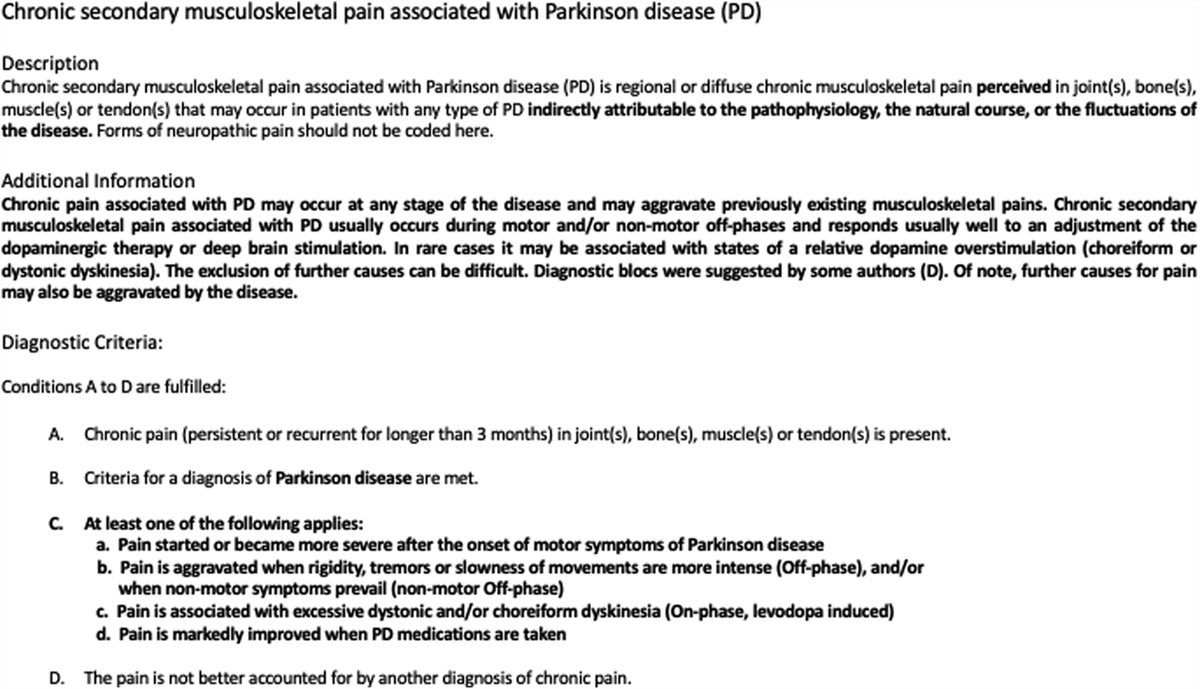 New ICD-11 diagnostic criteria for chronic secondary musculoskeletal pain associated with Parkinson disease