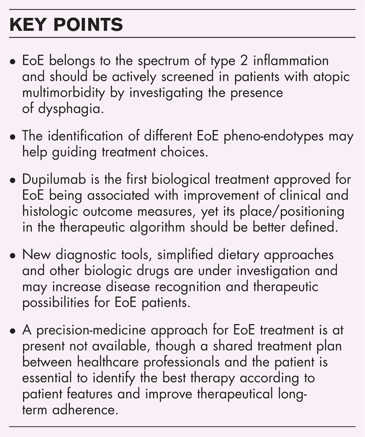 Diagnosis, management and therapeutic options for eosinophilic esophagitis