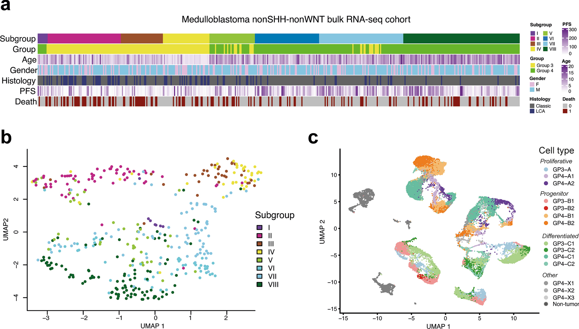 Clinically unfavorable transcriptome subtypes of non-WNT/non-SHH medulloblastomas are associated with a predominance in proliferating and progenitor-like cell subpopulations