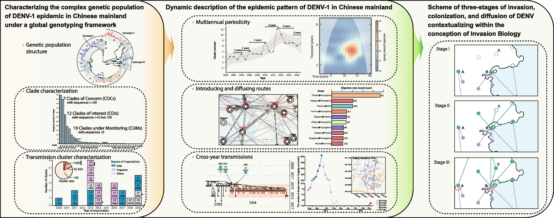 Phylodynamics unveils invading and diffusing patterns of dengue virus serotype-1 in Guangdong, China from 1990 to 2019 under a global genotyping framework