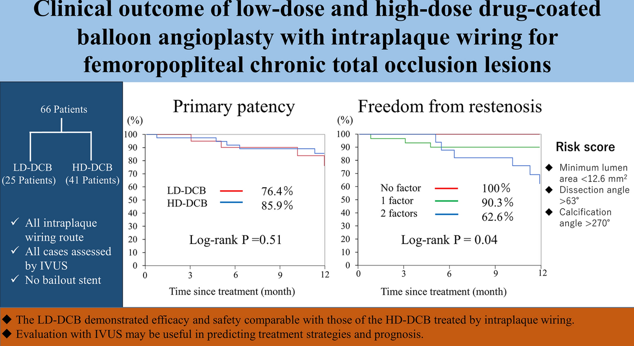 Clinical outcome of low-dose and high-dose drug-coated balloon angioplasty with intraplaque wiring for femoropopliteal chronic total occlusion lesions