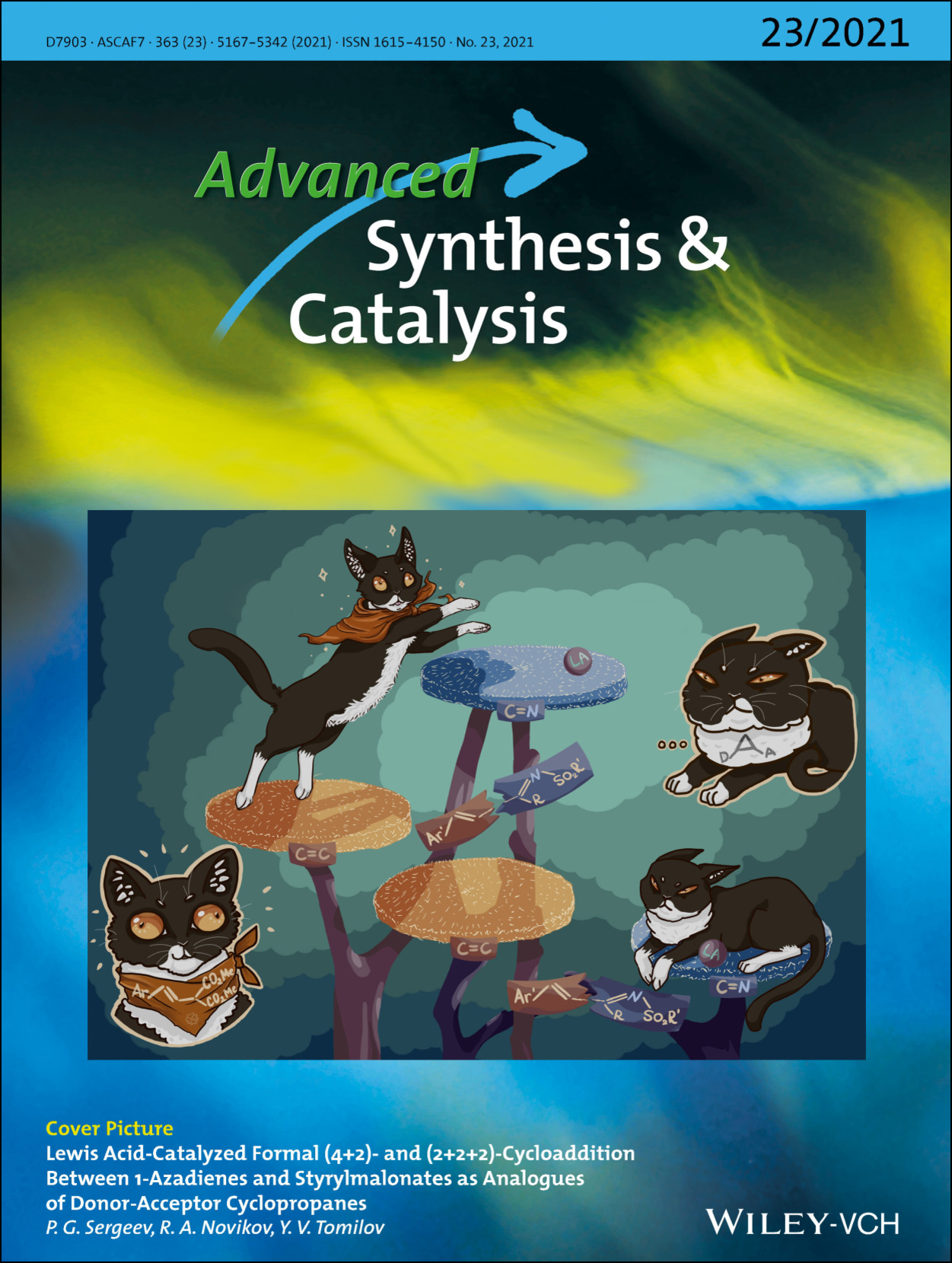 Front Cover Picture: Lewis Acid‐Catalyzed Formal (4+2)‐ and (2+2+2)‐Cycloaddition Between 1‐Azadienes and Styrylmalonates as Analogues of Donor‐Acceptor Cyclopropanes (Adv. Synth. Catal. 23/2021)