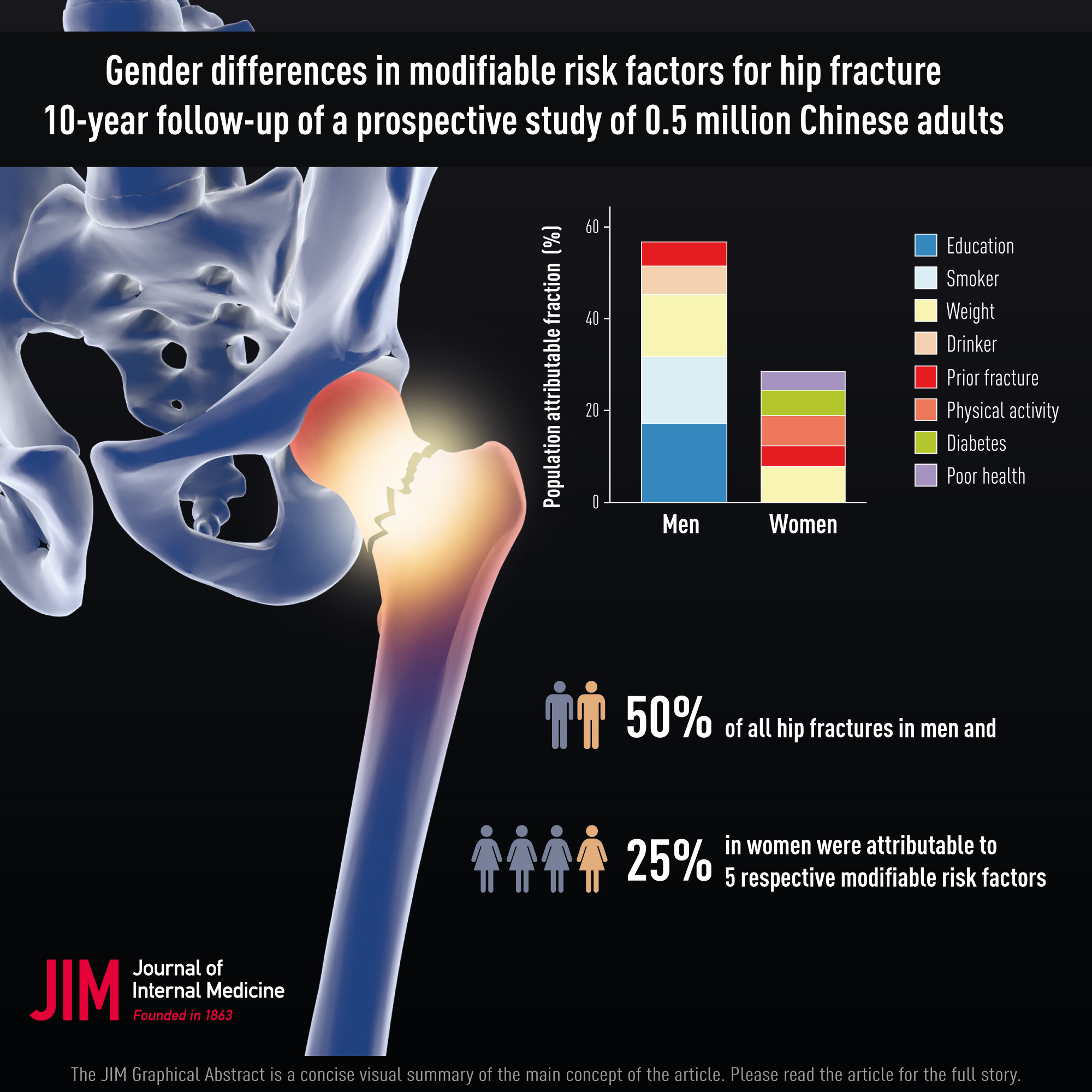 Gender differences in modifiable risk factors for hip fracture: 10‐year follow‐up of a prospective study of 0.5 million Chinese adults