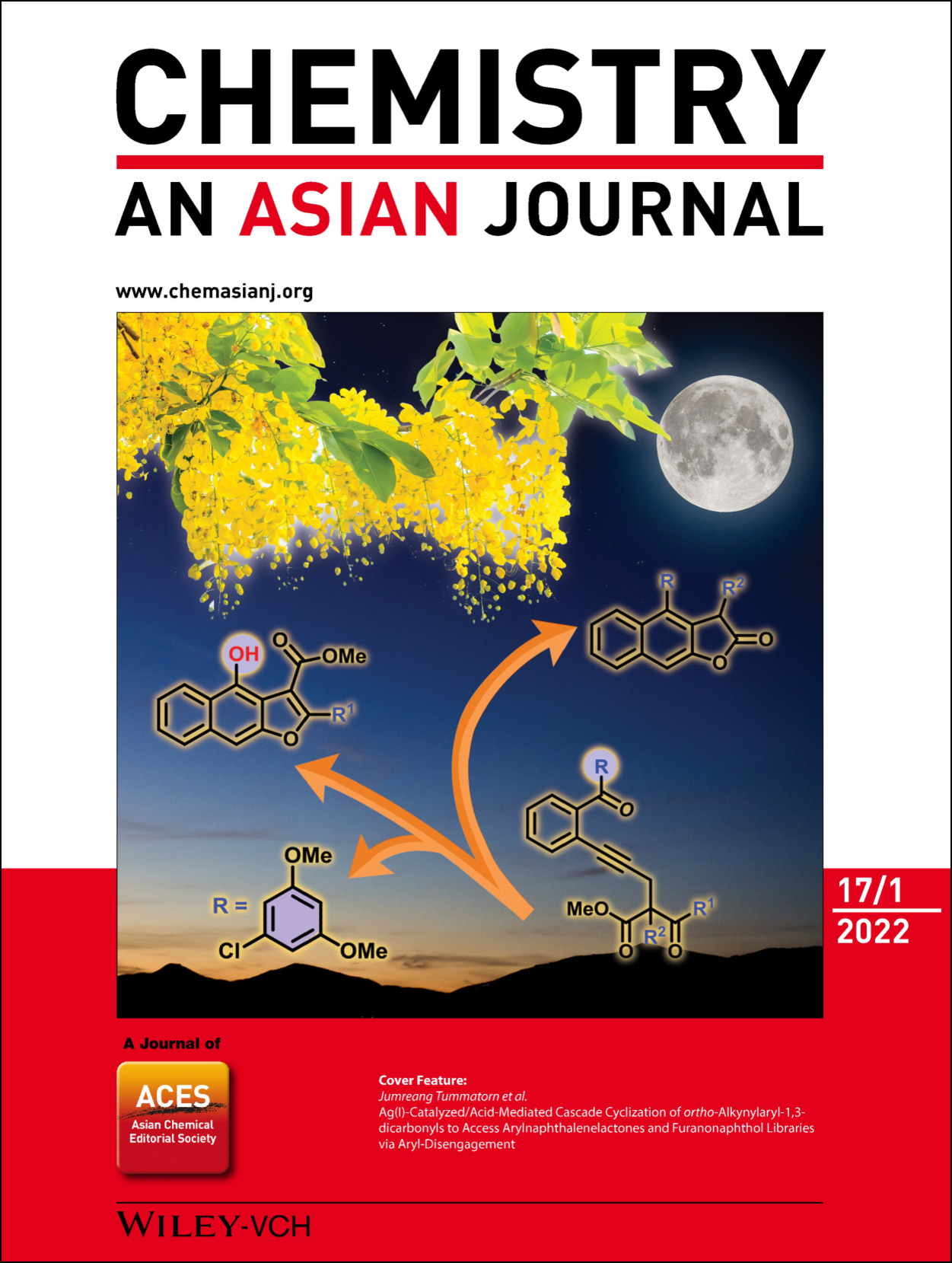 Cover Feature: Ag(I)‐Catalyzed/Acid‐Mediated Cascade Cyclization of ortho‐Alkynylaryl‐1,3‐dicarbonyls to Access Arylnaphthalenelactones and Furanonaphthol Libraries via Aryl‐Disengagement (Chem. Asian J. 1/2022)