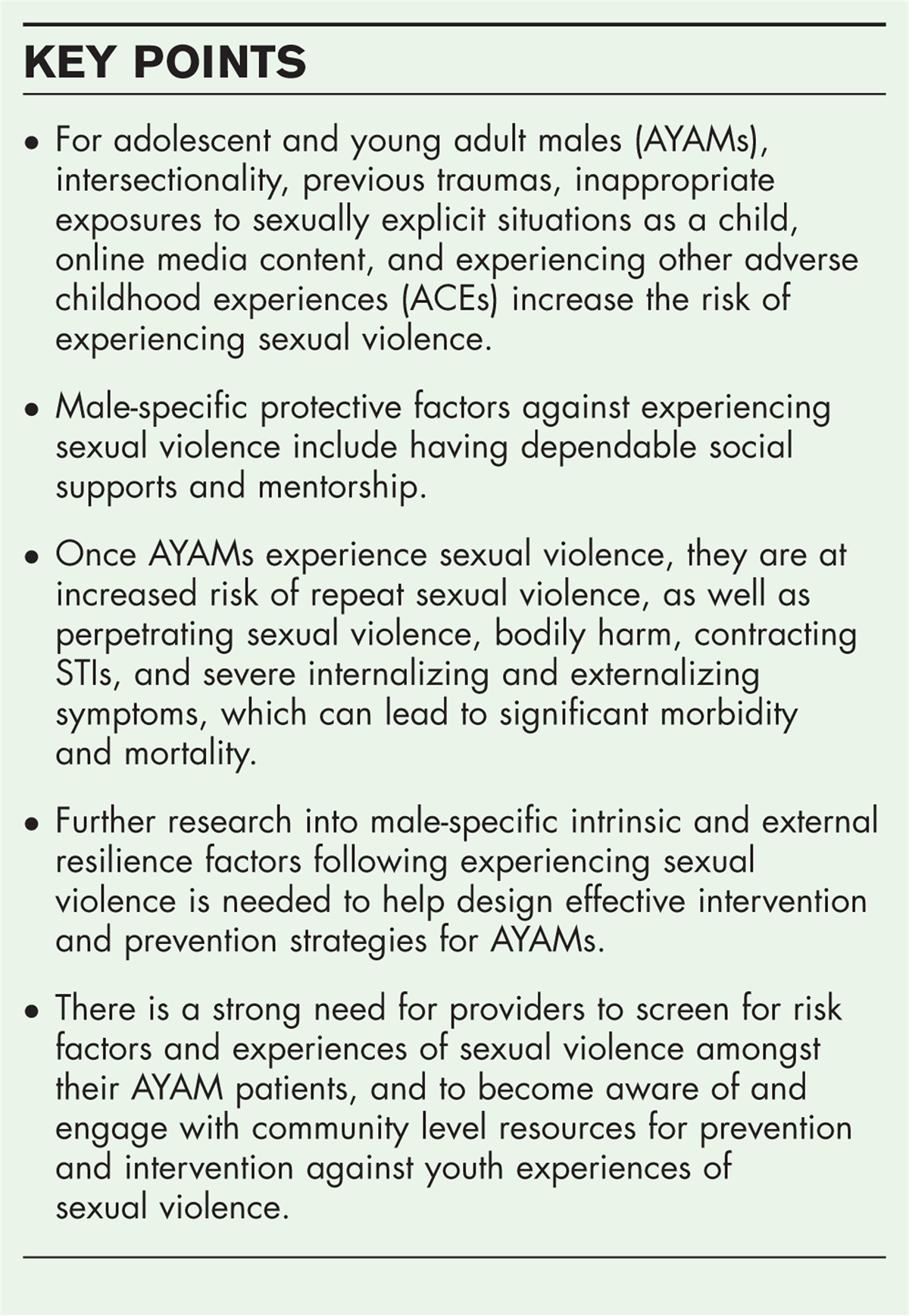 Sexual violence experiences among adolescent and young adult males: a review to empower healthcare providers