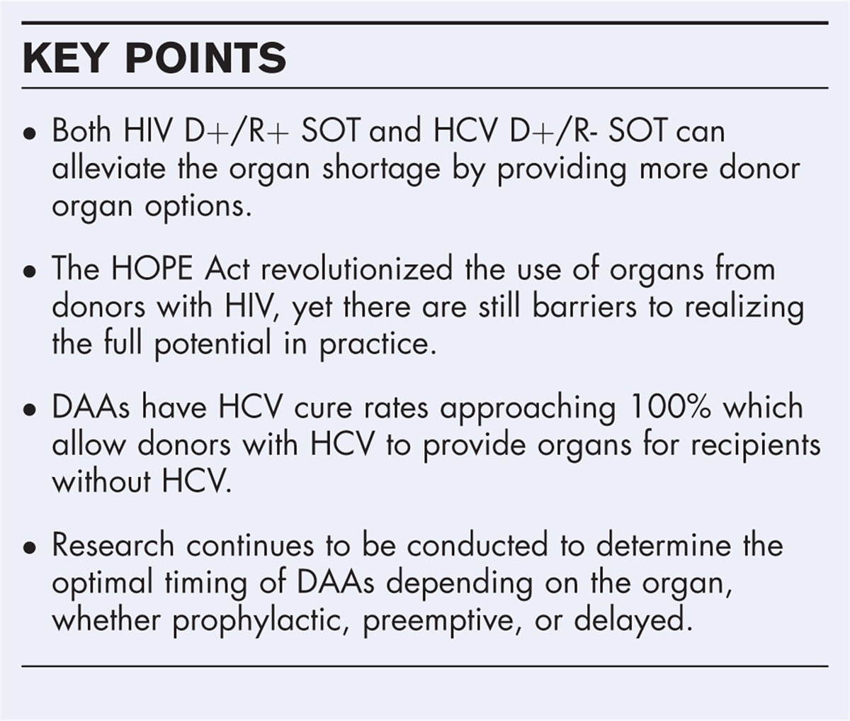 Donors with human immunodeficiency virus and hepatitis C virus for solid organ transplantation: what's new