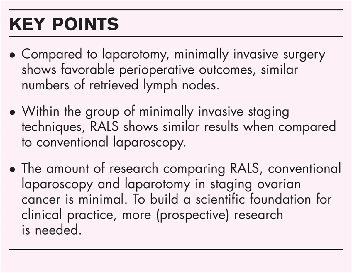 Robot-assisted laparoscopic staging compared to conventional laparoscopic staging and laparotomic staging in clinical early stage ovarian carcinoma
