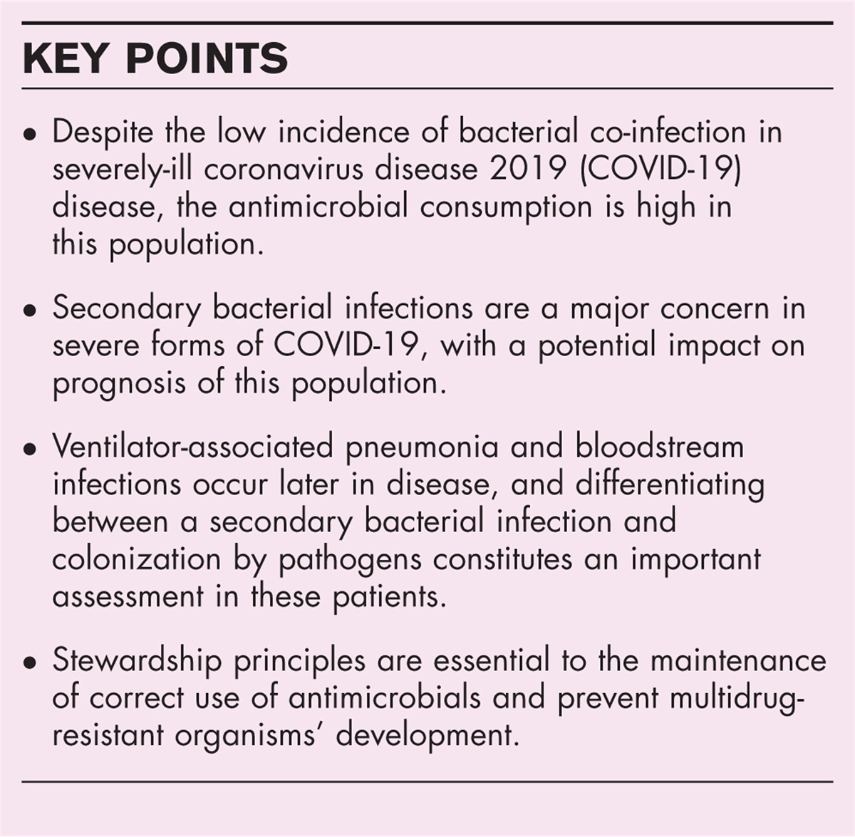 Bacterial infection in coronavirus disease 2019 patients: co-infection, super-infection and how it impacts on antimicrobial use