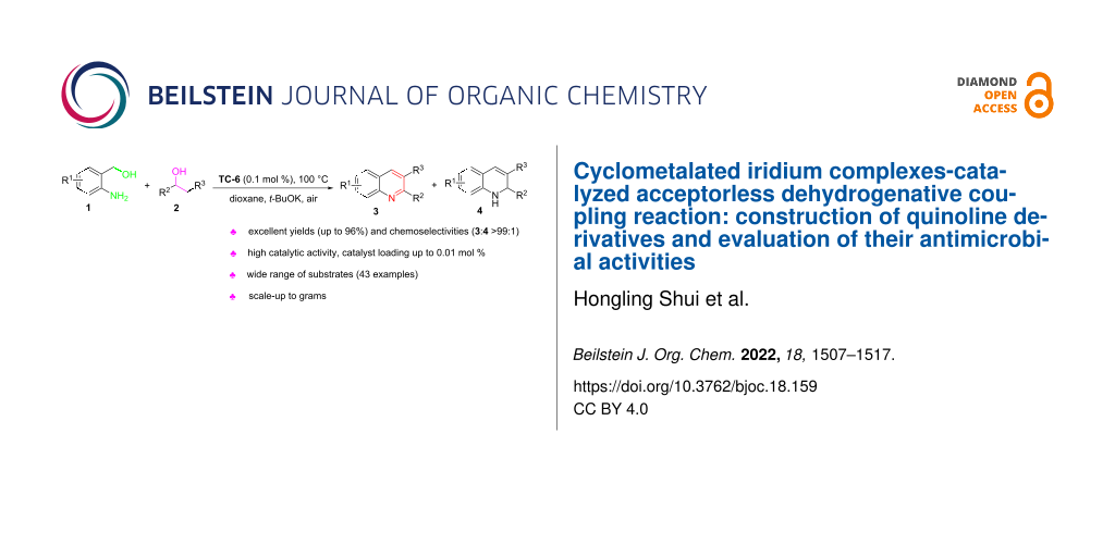 Cyclometalated iridium complexes-catalyzed acceptorless dehydrogenative coupling reaction: construction of quinoline derivatives and evaluation of their antimicrobial activities