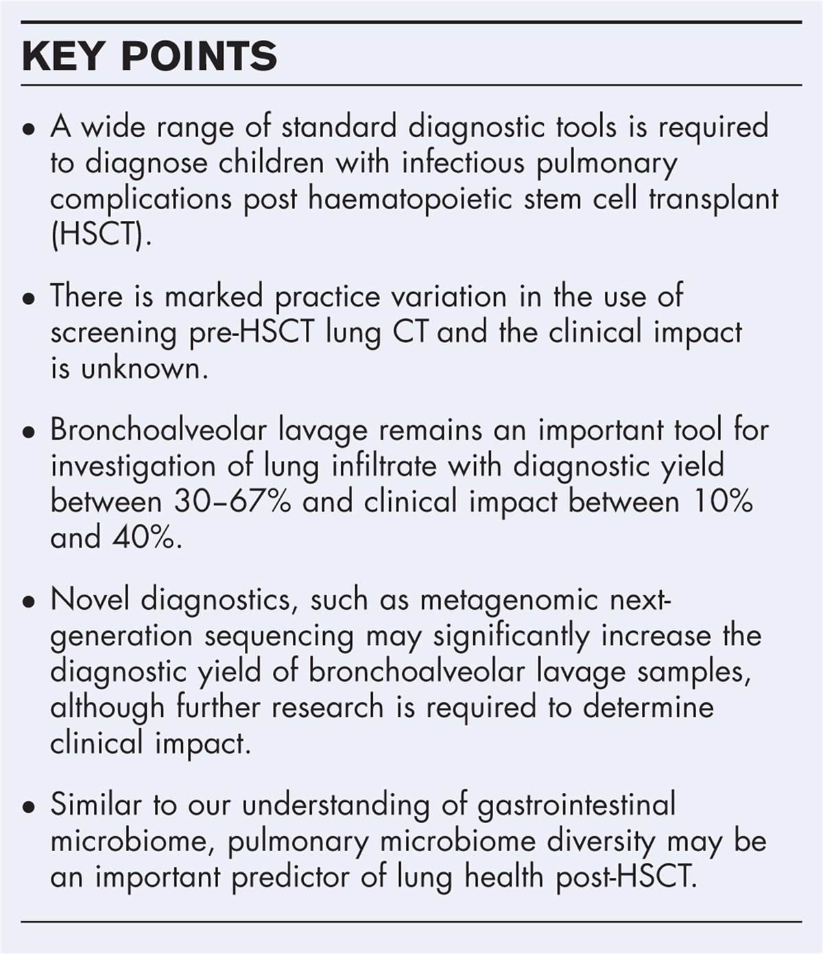 Novel approaches to the prediction and diagnosis of pulmonary complications in the paediatric haematopoietic stem cell transplant patient