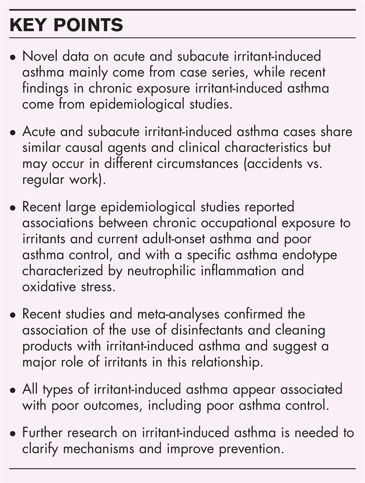 Update on irritant-induced occupational asthma