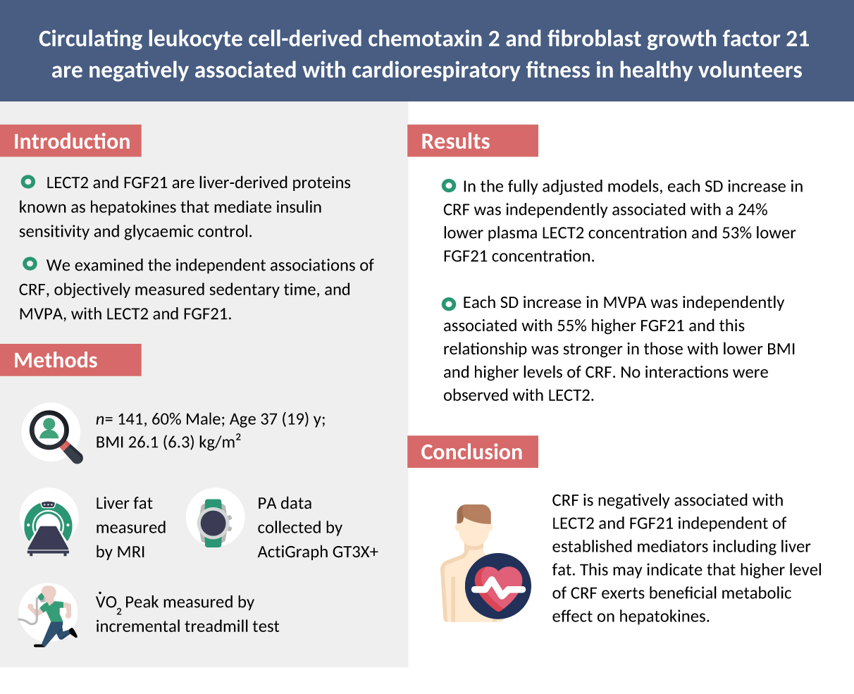 Circulating leukocyte cell-derived chemotaxin 2 and fibroblast growth factor 21 are negatively associated with cardiorespiratory fitness in healthy volunteers