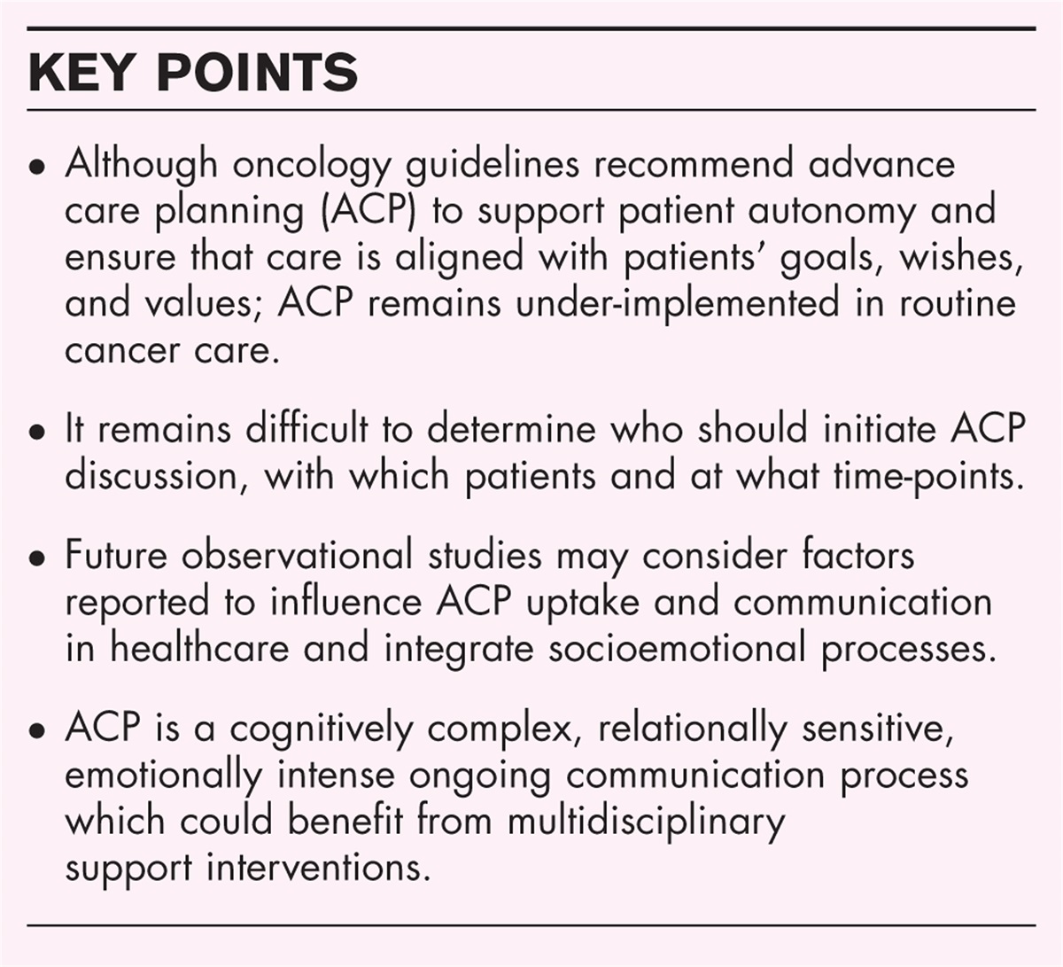 Advance care planning in oncology: a scoping review and some recommendations
