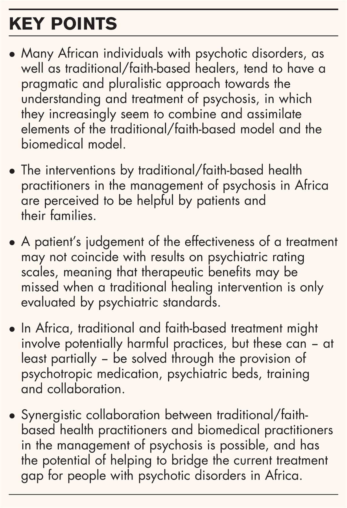 Traditional and faith-based healthcare in the management of psychotic disorders in Africa: in search for synergy