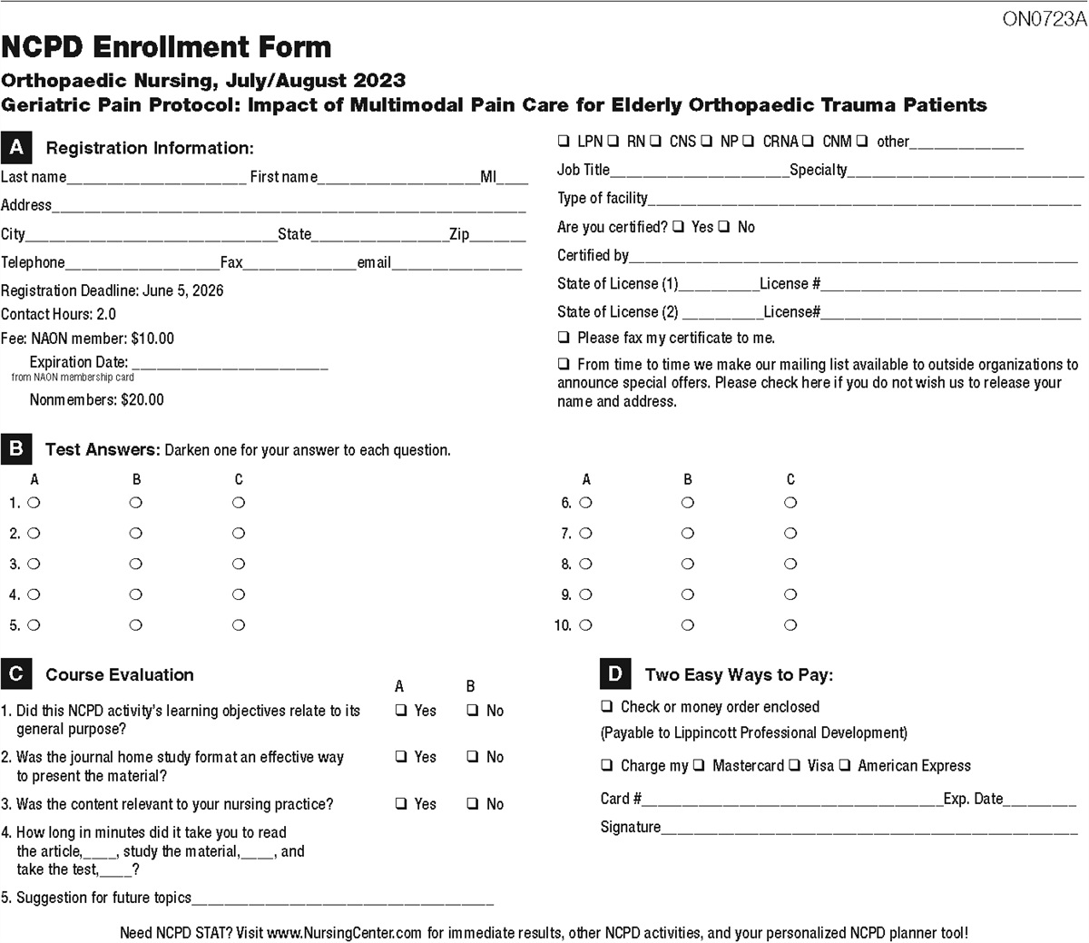 NCPD Tests: Geriatric Pain Protocol: Impact of Multimodal Pain Care for Elderly Orthopaedic Trauma Patients