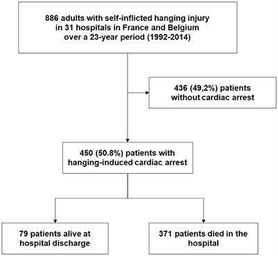 Epidemiology and outcome predictors in 450 patients with hanging-induced cardiac arrest: a retrospective study