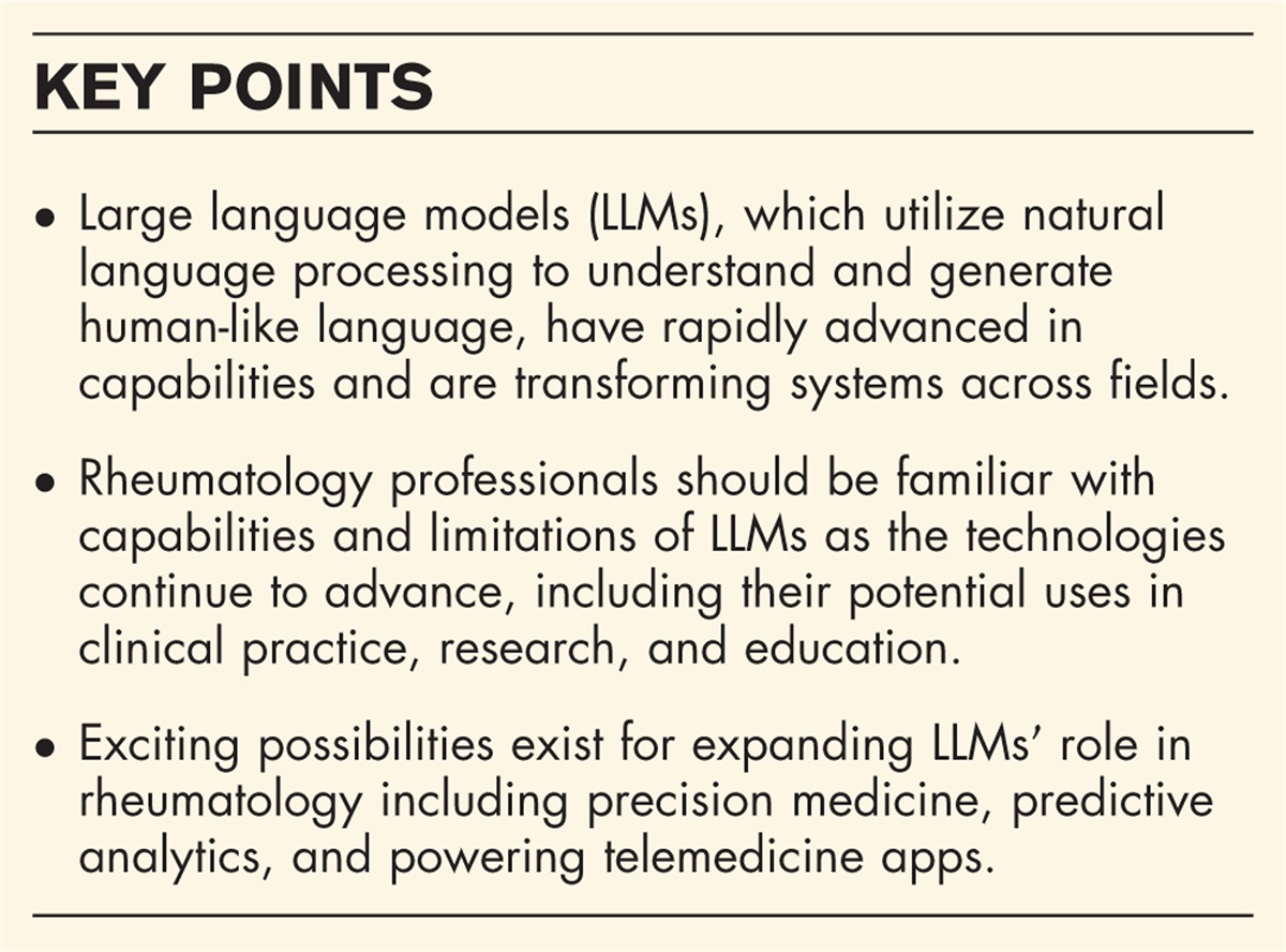 Large language models and the future of rheumatology: assessing impact and emerging opportunities